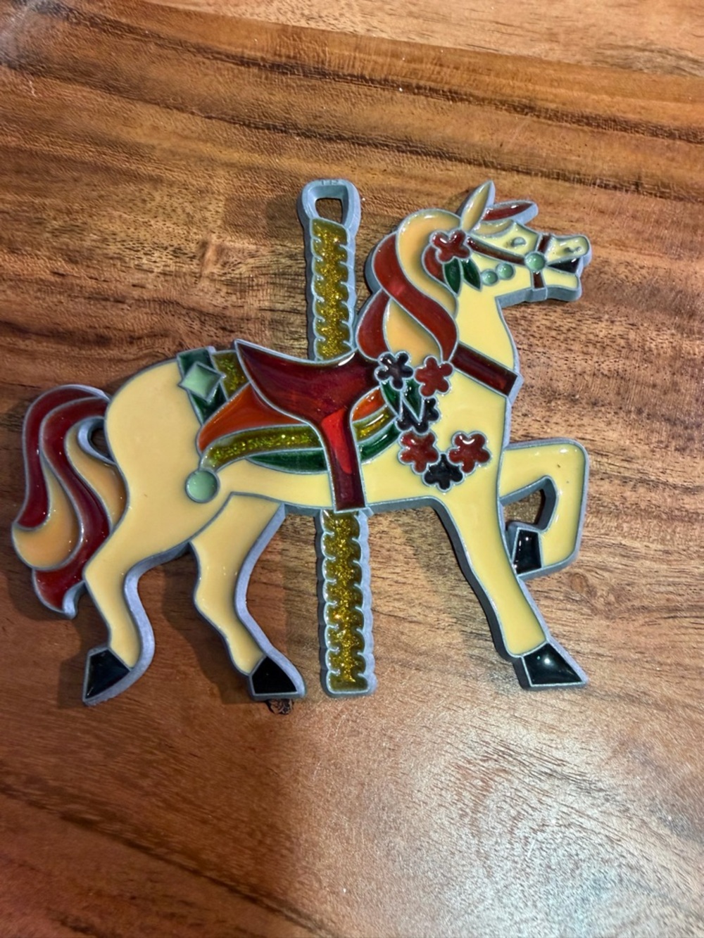 Vintage Stained glass Carousel Horse sun catcher in Cream, Red & Green
